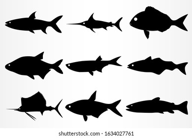 A set of nine different fish icons. Marine and aquarium fish. Vector illustration.