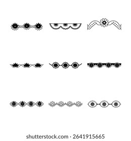A set of nine different floral borders and edges in black and white.