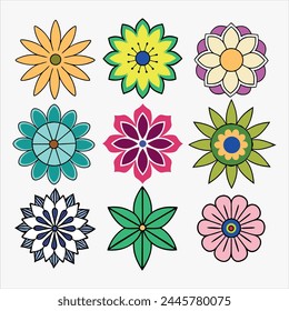 A set of nine different flowers of various shapes and sizes. Each flower has a distinct pattern and color.