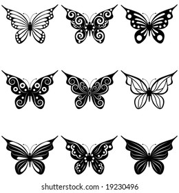 A set of nine different forms of butterflies