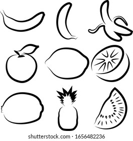 Set of nine different fruits. Creative art. Banana, Apple, lemon, kiwi, orange, etc. Vector illustration.