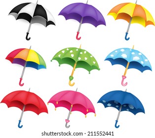 Set of nine different funny colored umbrellas