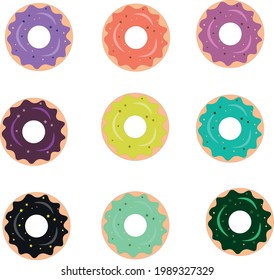 Set of nine different glazed donuts isolated on a white background.