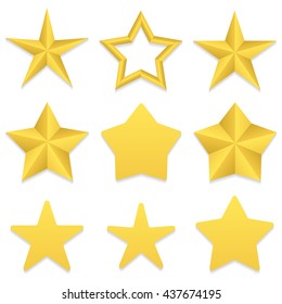 Set of nine different golden five point stars. Four stars with rounded corners. One star with a hole.  Vector, eps 10.