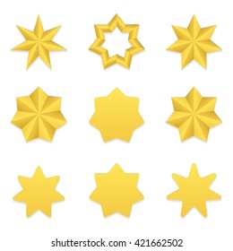 Set of nine different golden seven point stars. Vector, eps10.