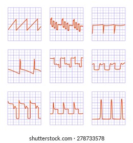 Set of nine different graphs.Diagrams of oscilloscope on checkered paper.