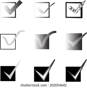 Set of nine different grey and white vector check marks or ticks in boxes conceptual of confirmation acceptance positive passed voting agreement true or completion of tasks on a list. For web design. 