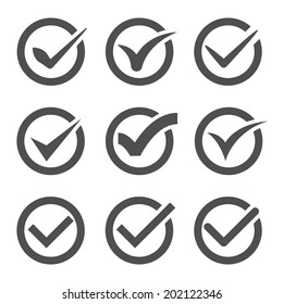 Set of nine different grey and white vector check marks or ticks in circles conceptual of confirmation acceptance positive passed voting agreement true or completion of tasks on a list