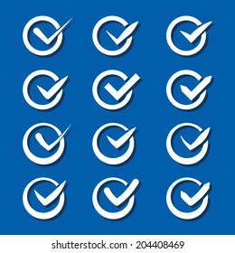 Set of nine different grey and white vector check marks or ticks in boxes conceptual of confirmation acceptance positive passed voting agreement true or completion of tasks on a list