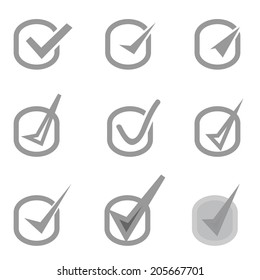 Set of nine different grey and white check marks or ticks in boxes conceptual of confirmation acceptance positive passed voting agreement true or completion of tasks on a list 