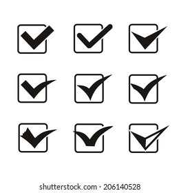 Set of nine different grey and white vector check marks or ticks in boxes conceptual of confirmation acceptance positive passed voting agreement true or completion of tasks on a list