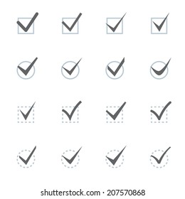 Set of nine different grey and white vector check marks or ticks in boxes conceptual of confirmation acceptance positive passed voting agreement true or completion of tasks on a list