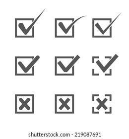 Set of nine different grey and white vector check marks or ticks in boxes conceptual of confirmation acceptance positive passed voting agreement true or completion of tasks on a list