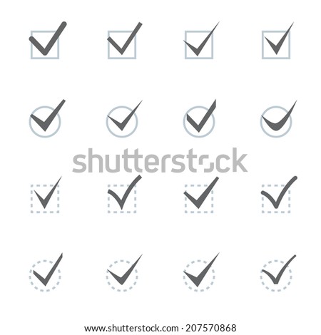 Set of nine different grey and white vector check marks or ticks in boxes conceptual of confirmation acceptance positive passed voting agreement true or completion of tasks on a list