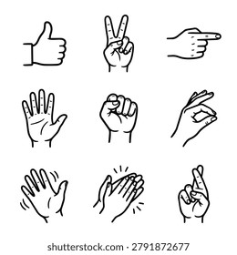 Set of nine different hand gestures icons in a simple line art style vector illustration