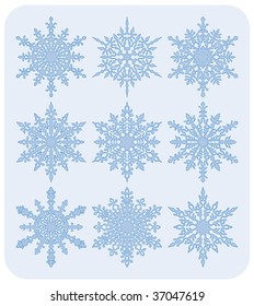 Set of nine different highly detailed snowflakes