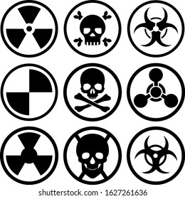 A set of nine different icons. Bio-attack, nuclear danger, bio-danger, and more. Vector illustration.