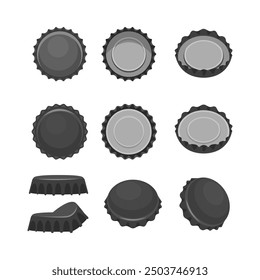 Set of nine different illustrations of black and white metallic bottle caps showing different positions