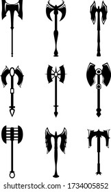 Un conjunto de nueve tipos diferentes de hachas medievales. Ilustración para diversos propósitos iconos, folletos, banners, logotipo. Ilustración vectorial.