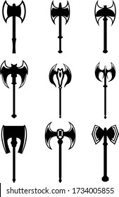 A set of nine different kinds of medieval axes. Illustration for various purposes icons, brochures, banners, logo. Vector illustration.
