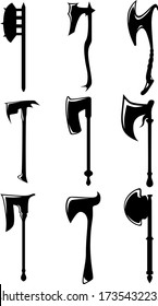 A set of nine different kinds of medieval axes. Illustration for various purposes icons, brochures, banners, logo. Vector illustration.