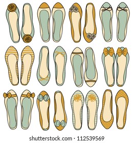 A set of nine different models of ballerina shoes.