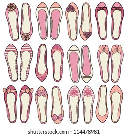 A set of nine different models of ballerina shoes.