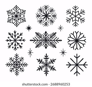 Conjunto de nueve diferentes copos de nieve monocromáticos y estrellas en un estilo de contorno limpio, dibujado a mano. Plantilla aislada de los Elementos del Vector para las vacaciones de invierno, tarjetas de felicitación del año Nuevo, diseño del modelo, y materia textil 