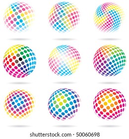 Set of nine different multicolored dotted spheres. CMYK vector illustration.