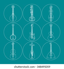 Set With Nine Different Music Instruments In Modern Line Art Style. Vector Illustration With Mandolin, Sitar, Dulcimer, Banjo, Guitar, Electric Guitar, Cello, Lute, Balalaika.