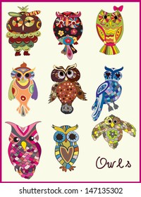 Set of nine different owls. Hand drawn. Vector illustration.