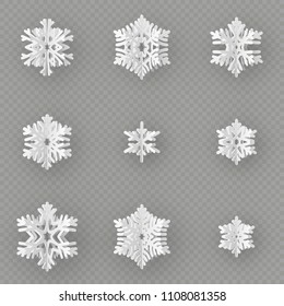 Set of nine different paper snowflake cut from paper isolated on transparent background. Merry Christmas, New Year winter theme decoration object. EPS 10