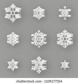 Set of nine different paper snowflake cut from paper isolated on transparent background. Merry Christmas, New Year winter theme decoration object. EPS 10 vector file