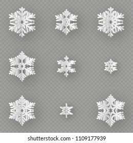 Set of nine different paper snowflake cut from paper isolated on transparent background. Merry Christmas, New Year winter theme decoration object. EPS 10 vector file