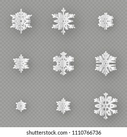 Set of nine different paper snowflake cut from paper isolated on transparent background. Merry Christmas, New Year winter theme decoration object. EPS 10