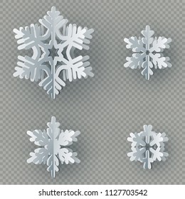 Set of nine different paper snowflake cut from paper isolated on transparent background. Merry Christmas, New Year winter theme decoration object. EPS 10