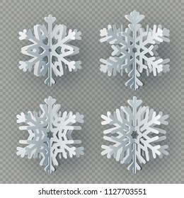 Set of nine different paper snowflake cut from paper isolated on transparent background. Merry Christmas, New Year winter theme decoration object. EPS 10