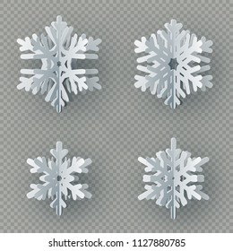 Set of nine different paper snowflake cut from paper isolated on transparent background. Merry Christmas, New Year winter theme decoration object. EPS 10