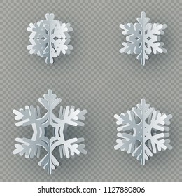 Set of nine different paper snowflake cut from paper isolated on transparent background. Merry Christmas, New Year winter theme decoration object. EPS 10