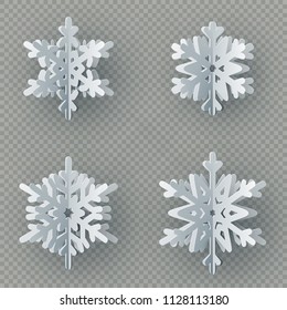 Set of nine different paper snowflake cut from paper isolated on transparent background. Merry Christmas, New Year winter theme decoration object. EPS 10