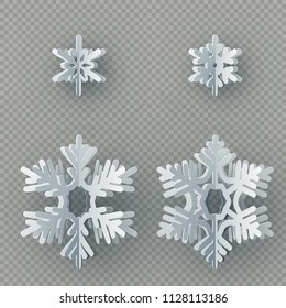 Set of nine different paper snowflake cut from paper isolated on transparent background. Merry Christmas, New Year winter theme decoration object. EPS 10