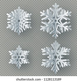 Set of nine different paper snowflake cut from paper isolated on transparent background. Merry Christmas, New Year winter theme decoration object. EPS 10