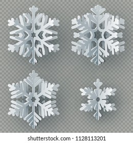 Set of nine different paper snowflake cut from paper isolated on transparent background. Merry Christmas, New Year winter theme decoration object. EPS 10