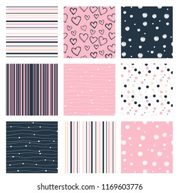 Set of nine different patterns in cute and delicate style. Handraw lines