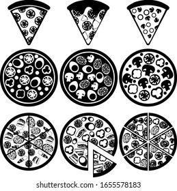 A set of nine different pizzas with different fillings. Cheese, tomatoes, sausage, bacon, etc. Vector illustration.