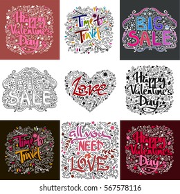 Set of nine different postcard. Lettering Love. Ink illustration. 