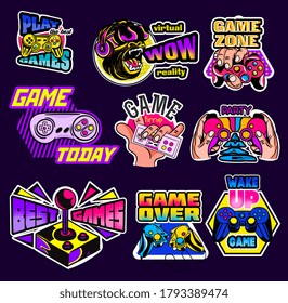 Set of nine different psychedelic game logos with bright colorful text and gaming devices isolated on blue, colored vector illustration