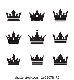 A set of nine different royal crown emblems presented in a clean, minimalist style.
