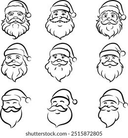 A set of nine different santa claus with different facial hair. The santa claus are all smiling and wearing hats