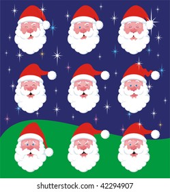 Set of nine different Santa Claus´s face expressions. No gradient fills. Easy to edit.